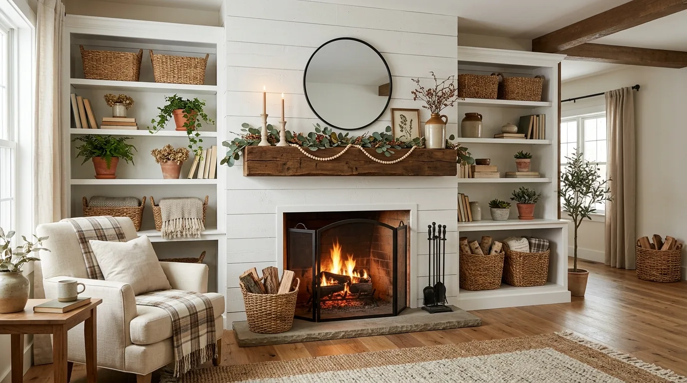 Bring in wood for warmth and depth inspiration for a living room with fireplace built-ins.